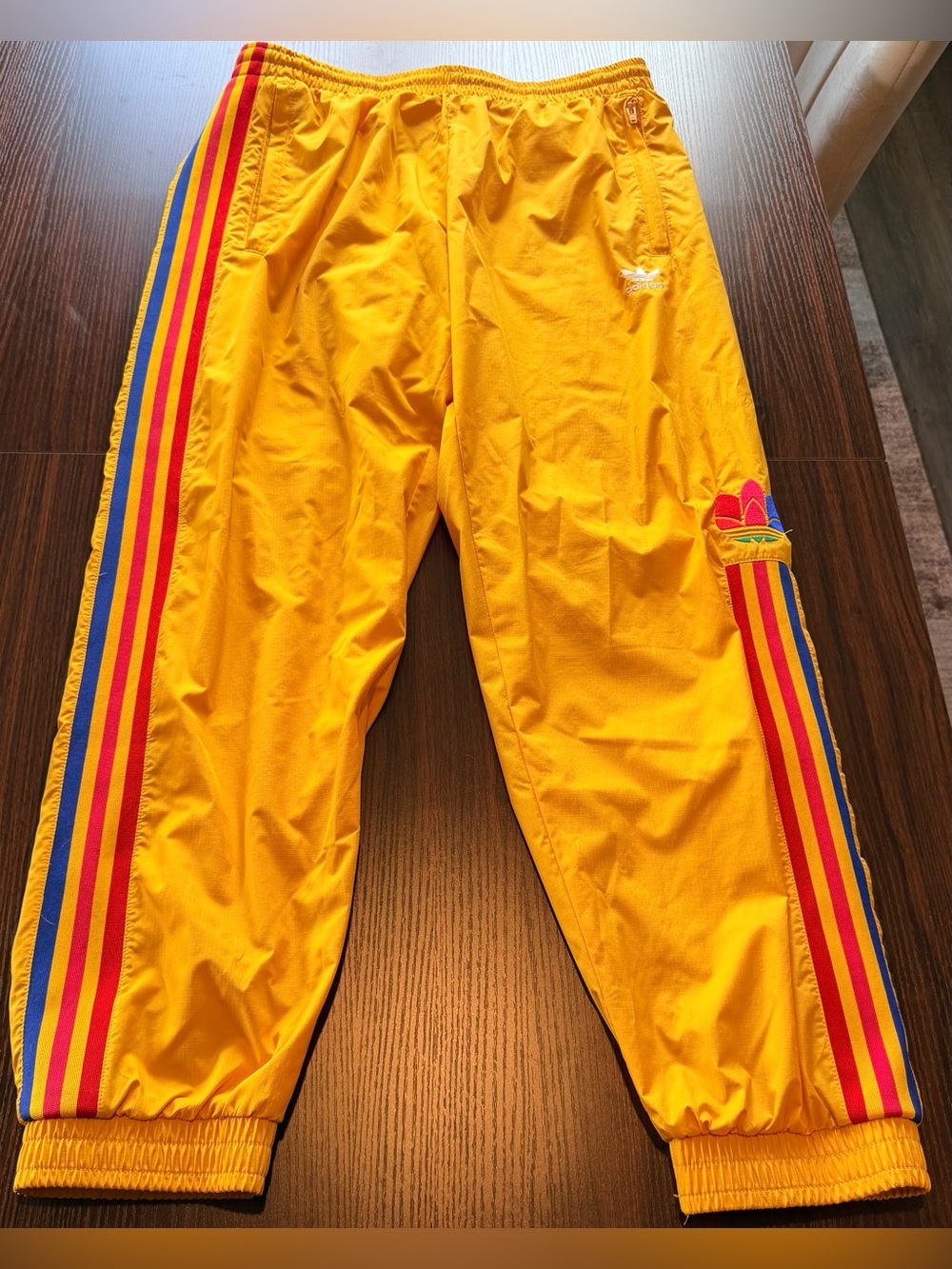 Adidas Mens Originals Adicolor Tricolor Track Pants Yellow Ripstop Nylon Size L
